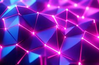 Glowing pink and blue geometric network with connected nodes forming abstract polygonal surface pattern. Modern technology and connectivity concept.