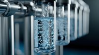 Clear glass vial with bubbling blue liquid in scientific laboratory setting, metallic equipment and multiple samples visible in background, macro photography.