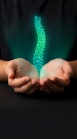Glowing green holographic spine floating above cupped hands representing spinal health care and medical technology innovation for healthcare design.
