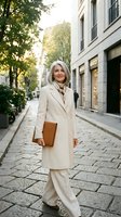 Elegant mature woman with silver hair walking confidently on cobblestone street wearing cream coat and holding leather clutch in urban shopping district.
