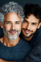 Mature Caucasian man with gray hair and beard alongside young Hispanic man with dark features smiling at camera, representing family bonds and generational diversity.