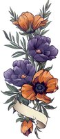 Elegant floral composition with orange and purple anemone flowers, green leaves, and decorative ribbon banner on white background. Suitable for tattoo design.