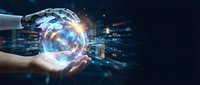Hand holding glowing digital globe with data network connections and holographic technology interface for global business, innovation, and digital transformation concepts.