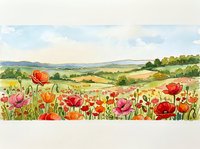 Watercolor painting of vibrant poppy field with rolling hills landscape, featuring red and pink flowers in countryside meadow for home decor and wall art.