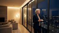 Mature woman in business attire standing on modern apartment balcony at night, holding coffee cup, overlooking illuminated cityscape through floor-to-ceiling windows, contemporary interior design.