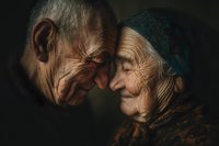 Elderly couple sharing intimate moment with foreheads touching, showing deep love and connection in warm dramatic lighting for relationship concepts.