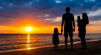 Family silhouettes watching sunset on beach. Parents with children enjoying golden hour by ocean waves. Vacation memories and togetherness concept.