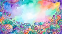 Colorful psychedelic watercolor background with swirling patterns, gears, and abstract shapes in vibrant rainbow hues. Isolated design element suitable for posters, social media graphics, and creative projects.