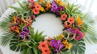 Vibrant tropical wreath with colorful hibiscus, orchids and palm fronds on white background. Summer decoration for home, events and seasonal displays.