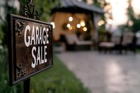 Garage sale sign in residential neighborhood with blurred house and car in background. Community yard sale event for selling household items and bargains.