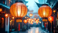 Traditional orange paper lanterns illuminating rainy evening street with glowing bokeh lights creating atmospheric mood in Asian district. Decorative elements for festivals.