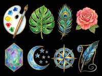 Artist palette with paintbrush and watercolor paints, monstera leaf, peacock feather, pink rose flower, geometric crystal gem, crescent moon with stars, compass rose, and decorative feather. Isolated on transparent background, ready for t-shirts, clipart, stickers, sublimation, and print-on-demand designs.