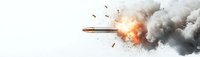 Flying bullet with fire and smoke trail effect on white background, dynamic motion capture of ammunition discharge with explosive muzzle flash and powder cloud.