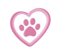 Pink heart shape with dog paw print inside on white background, isolated design element for pet care logos, veterinary clinics and animal shelters.