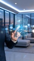 Businessman touching holographic digital interface with data analytics in modern office environment for business technology presentations.