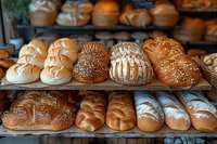 Fresh baked artisanal breads and rolls displayed on bakery shelves, including sesame topped buns, braided loaves, and crusty traditional varieties.