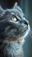 Close-up portrait of a British blue cat with striking amber eyes looking up against dark background. Perfect for pet photography, veterinary services, or animal care advertising.