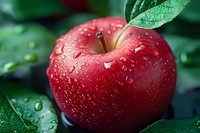 Fresh red apple with water drops and green leaves in dark moody setting, macro shot showing texture and natural moisture on glossy skin surface.