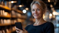 Professional blonde businesswoman using smartphone in modern office with warm lighting and blurred background for corporate communication and technology concepts.