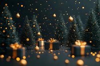 Christmas gifts among snowy pine trees with magical golden bokeh lights and ornaments creating festive holiday atmosphere. Suitable for greeting cards.