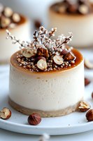 Mini cheesecake topped with caramel, hazelnuts and delicate white floral decoration on white plate. Elegant dessert with smooth creamy texture and golden drizzle.