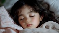 Peaceful sleeping Asian child with dark curly hair resting on soft pink bedding, natural light illuminating gentle expression, cozy bedroom setting.