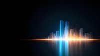 Glowing futuristic city skyline silhouette with neon blue and orange light reflection on dark background, modern urban landscape visualization.