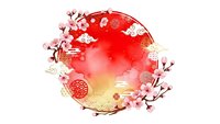 Red watercolor circle with cherry blossom branches and traditional ornaments for spring festival celebrations and cultural design projects.