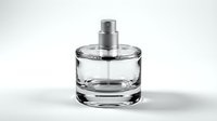 Elegant empty glass perfume bottle with silver spray pump isolated on white background, perfect for fragrance branding and cosmetic product design.
