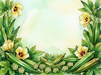 Yellow flowers and green beans frame a light watercolor background, creating a fresh garden border layout suitable for recipe cards, menus, food packaging, and culinary designs.