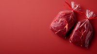 Fresh raw beef chunks sealed in plastic bags on red background, minimalist food composition highlighting meat texture and packaging for butcher shop or market display.