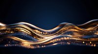 Luxurious golden liquid waves with sparkling particles flow against dark blue background creating elegant abstract composition with light reflections.