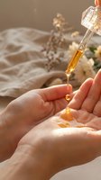 Golden serum drops from glass dropper into cupped hands for skincare routine and beauty treatment in warm natural light setting.
