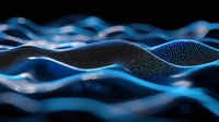 Futuristic abstract waves with glowing blue light and particle texture creating dynamic flowing pattern on dark background. Digital technology concept.