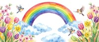 Watercolor spring scene with vibrant rainbow, blooming tulips, daffodils, cherry blossoms, flying hummingbirds and fluffy clouds on white background.