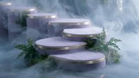 Luxury marble podiums with gold trim surrounded by ferns and soft mist, elegant product display stages for cosmetics and premium brand showcases.