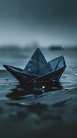 Paper boat floating on dark water surface with water drops and moody atmosphere creating minimalist artistic composition in blue tones.