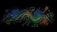Dynamic sports wave with colorful flowing lines connecting basketball, running, soccer and athletic equipment on black background for active lifestyle designs.