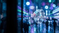 Futuristic digital brain with glowing neural networks and data streams in cyberpunk cityscape with neon lights and bokeh effects for technology concepts.