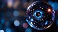 Glowing digital eye sphere with futuristic circular interface and light effects on dark background with bokeh lights, representing artificial intelligence and technology.