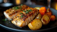 Grilled salmon fillet with herbs and roasted potatoes on dark plate. Restaurant quality seafood dish with golden vegetables for culinary and food photography projects.