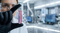 Scientist in protective gloves holding test tube with pink liquid sample in modern laboratory for medical research and chemical analysis experiments.