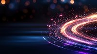 Glowing curved light trail with sparkling particles against dark background creates dynamic motion effect in purple, pink and orange colors.
