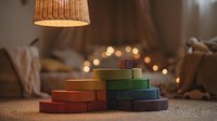 Colorful wooden toy blocks stacked in pyramid formation on table with warm lighting and wicker lamp creating cozy home atmosphere for children play.