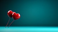Red heart-shaped balloons floating against turquoise background with soft reflection, romantic minimalist composition for Valentine's day cards and love concepts.