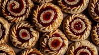 Homemade butter cookies with spiral pattern and red jam centers arranged in rows, fresh baked pastries with golden brown edges and glossy filling.