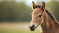 Young chestnut foal with alert ears standing in sunny pasture field during golden hour light for equestrian and farm animal photography.