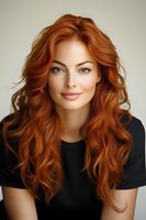 Young woman with vibrant copper red wavy hair wearing black top smiling at camera against neutral background, fresh natural makeup and glowing skin.