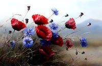 Red poppies and blue cornflowers swaying in breeze against blurred natural background, vibrant wildflowers composition showcasing contrasting colors and delicate petals.