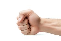 Caucasian male fist isolated on white background showing anger, strength, protest or determination gesture. Ready for design projects.